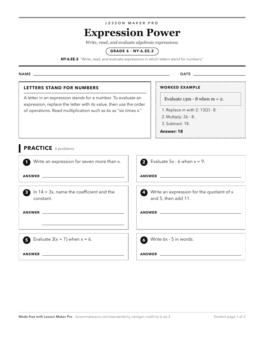 Preview of the NY-6.EE.2 printable worksheet