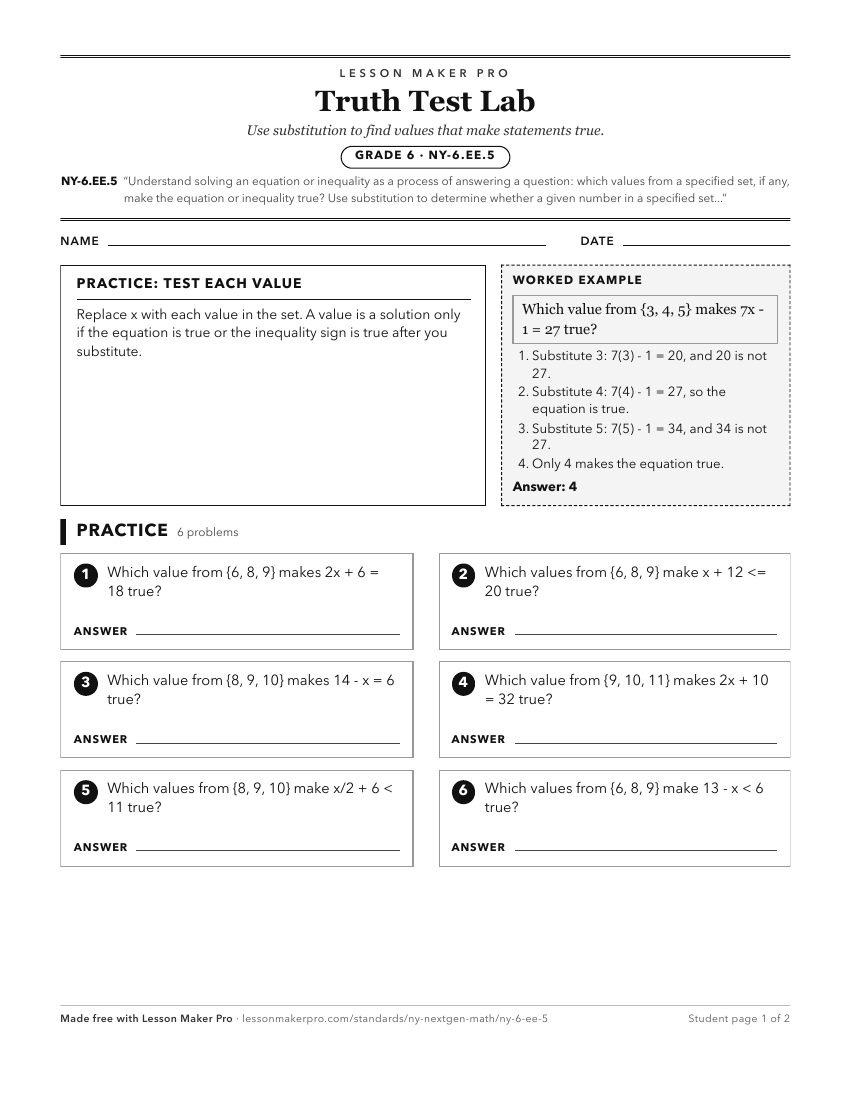 Preview of the NY-6.EE.5 printable worksheet
