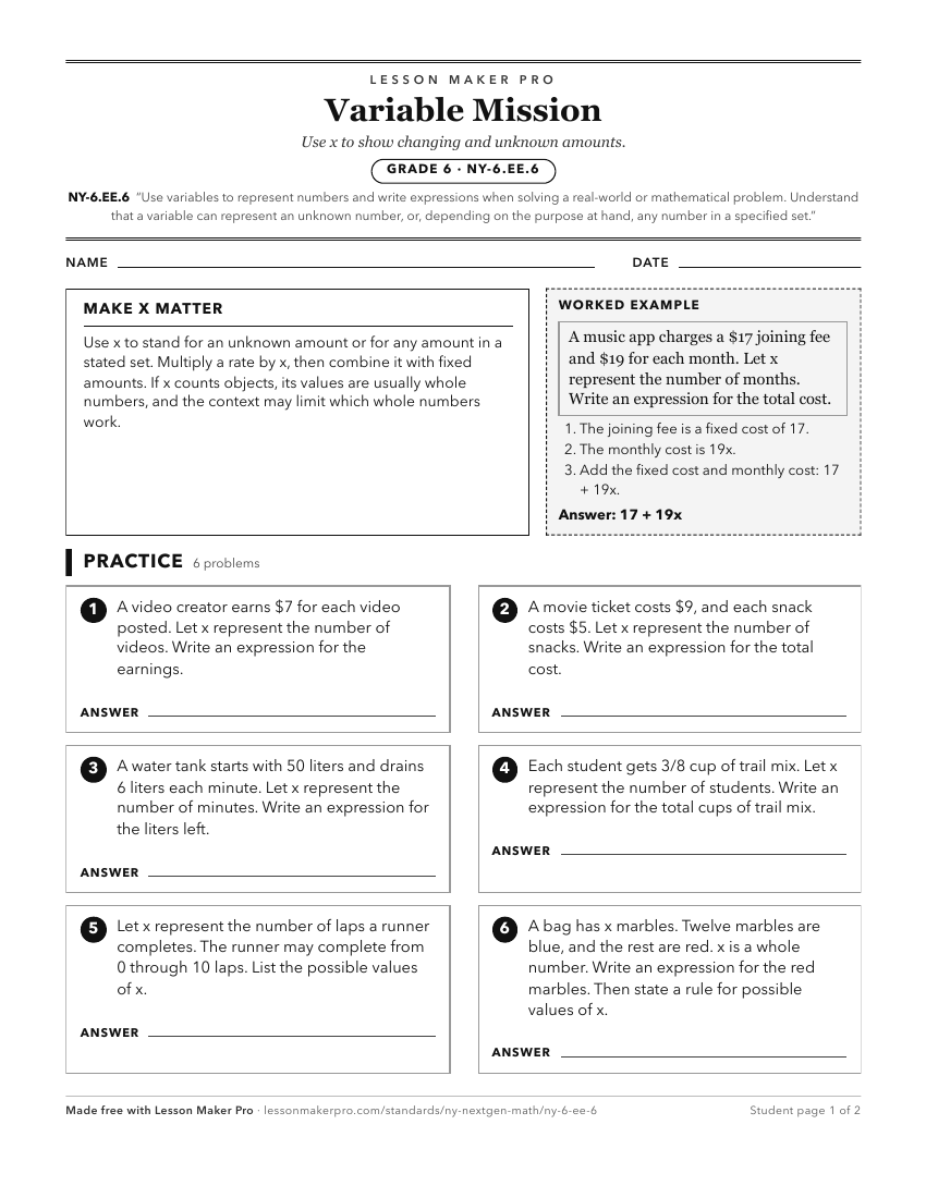 Preview of the NY-6.EE.6 printable worksheet