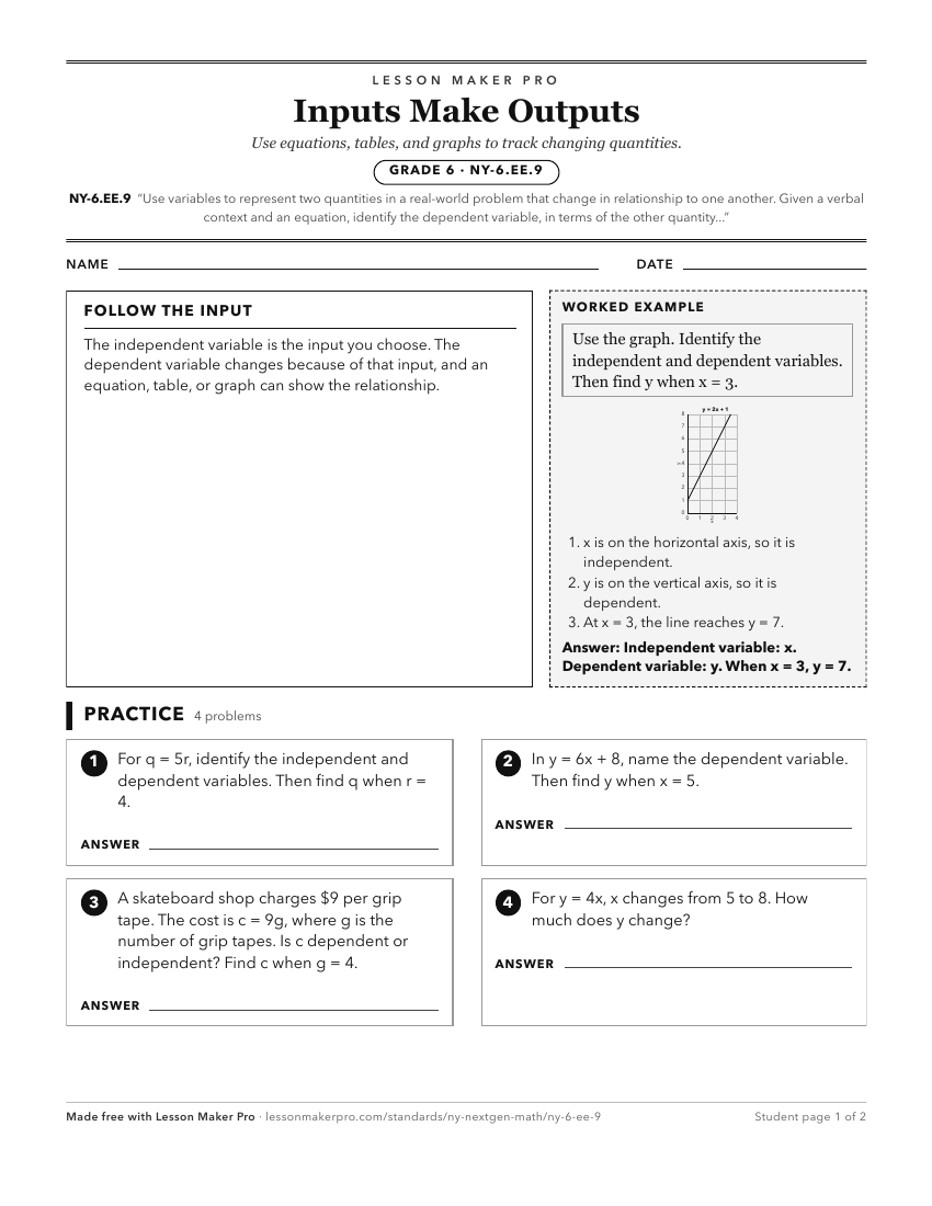 Preview of the NY-6.EE.9 printable worksheet