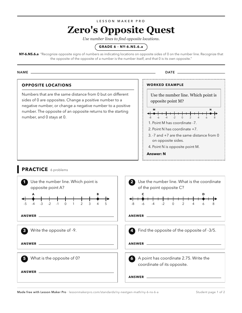 Preview of the NY-6.NS.6.a printable worksheet