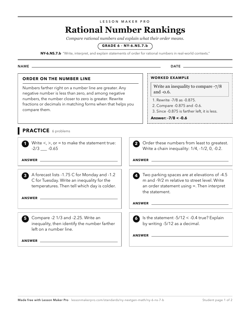 Preview of the NY-6.NS.7.b printable worksheet