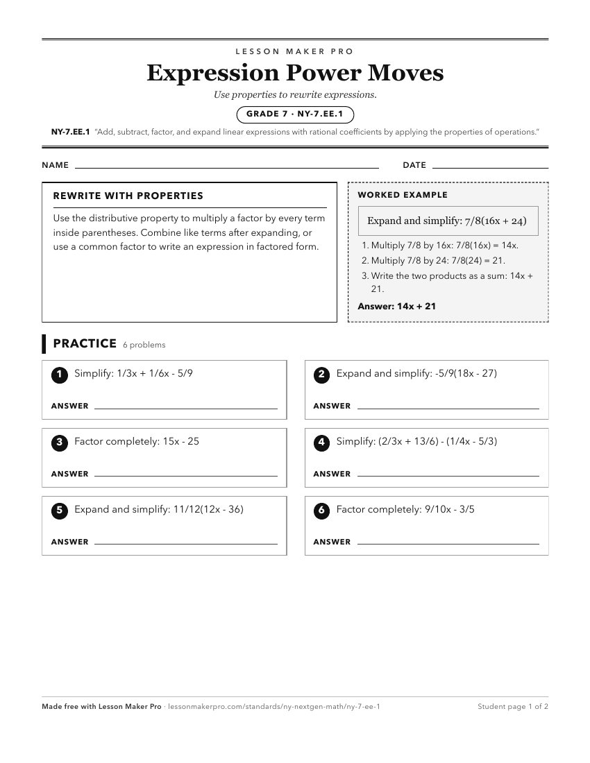 Preview of the NY-7.EE.1 printable worksheet