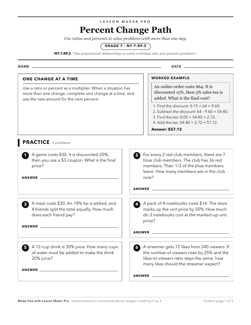 Preview of the NY-7.RP.3 printable worksheet