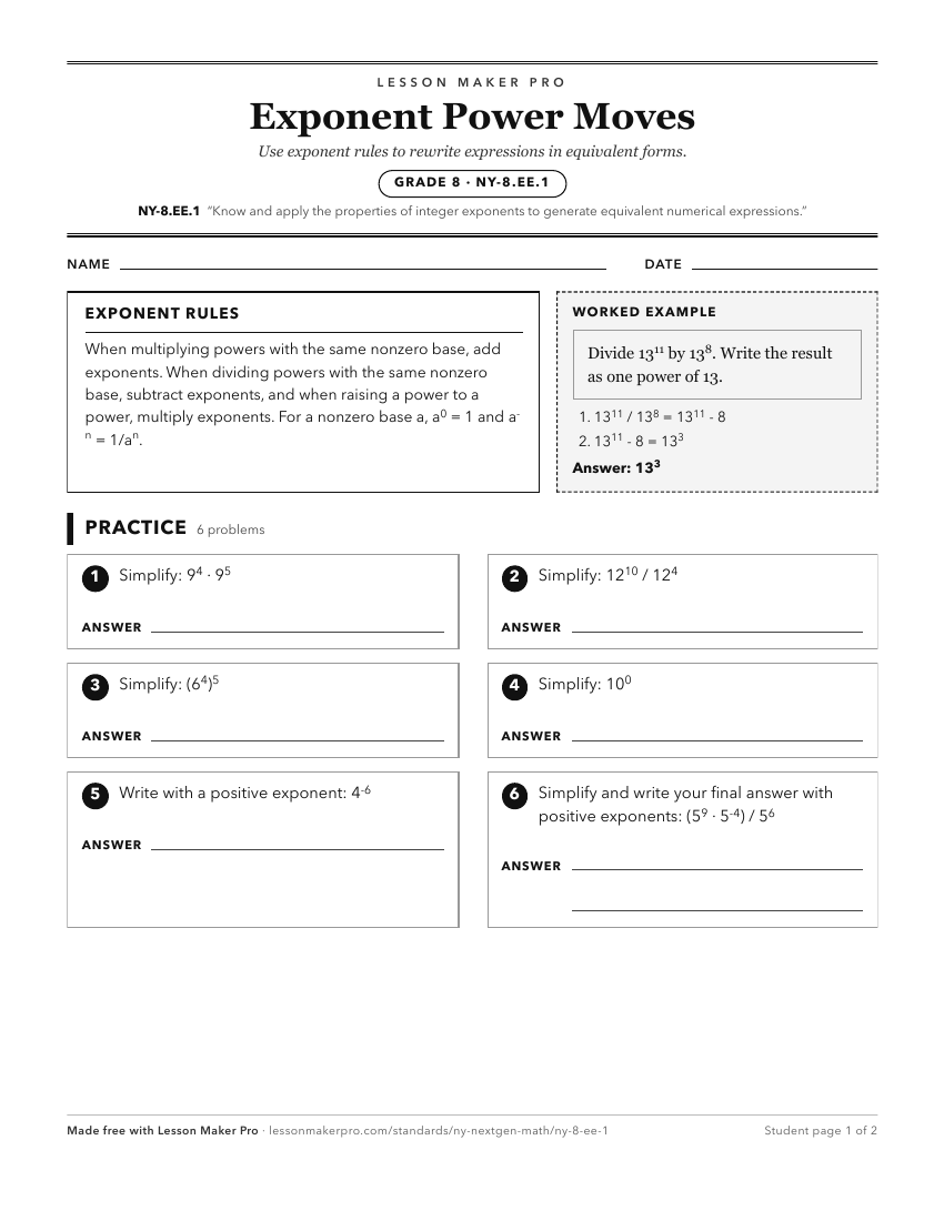 Preview of the NY-8.EE.1 printable worksheet