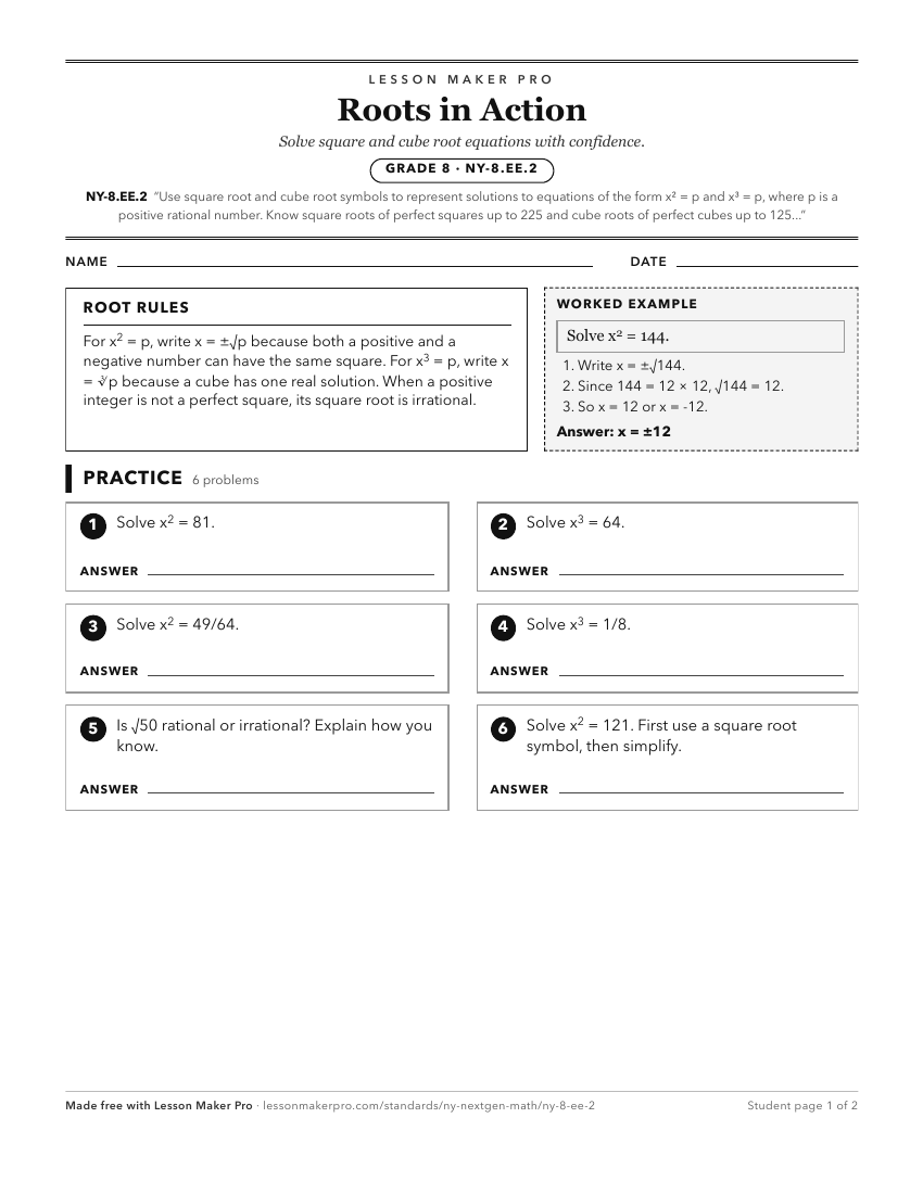 Preview of the NY-8.EE.2 printable worksheet