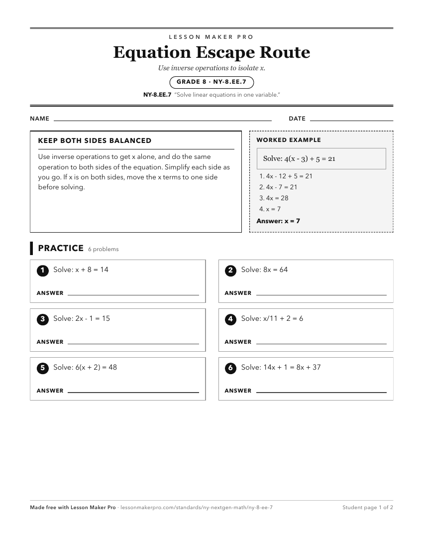 Preview of the NY-8.EE.7 printable worksheet