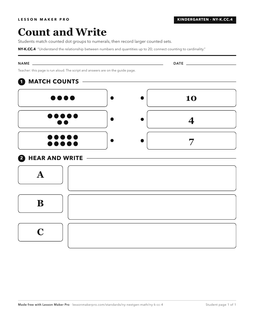 Preview of the NY-K.CC.4 printable worksheet