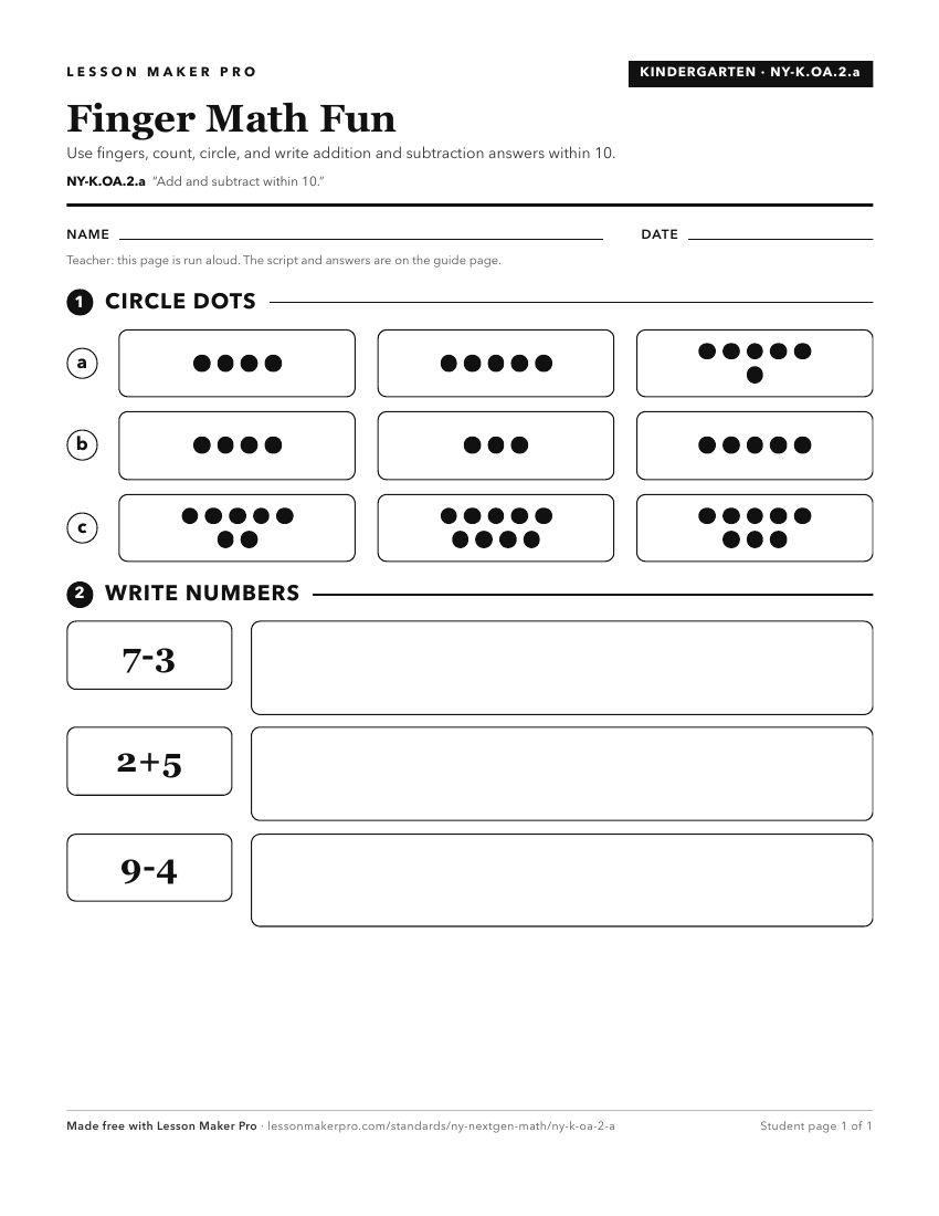 Preview of the NY-K.OA.2.a printable worksheet