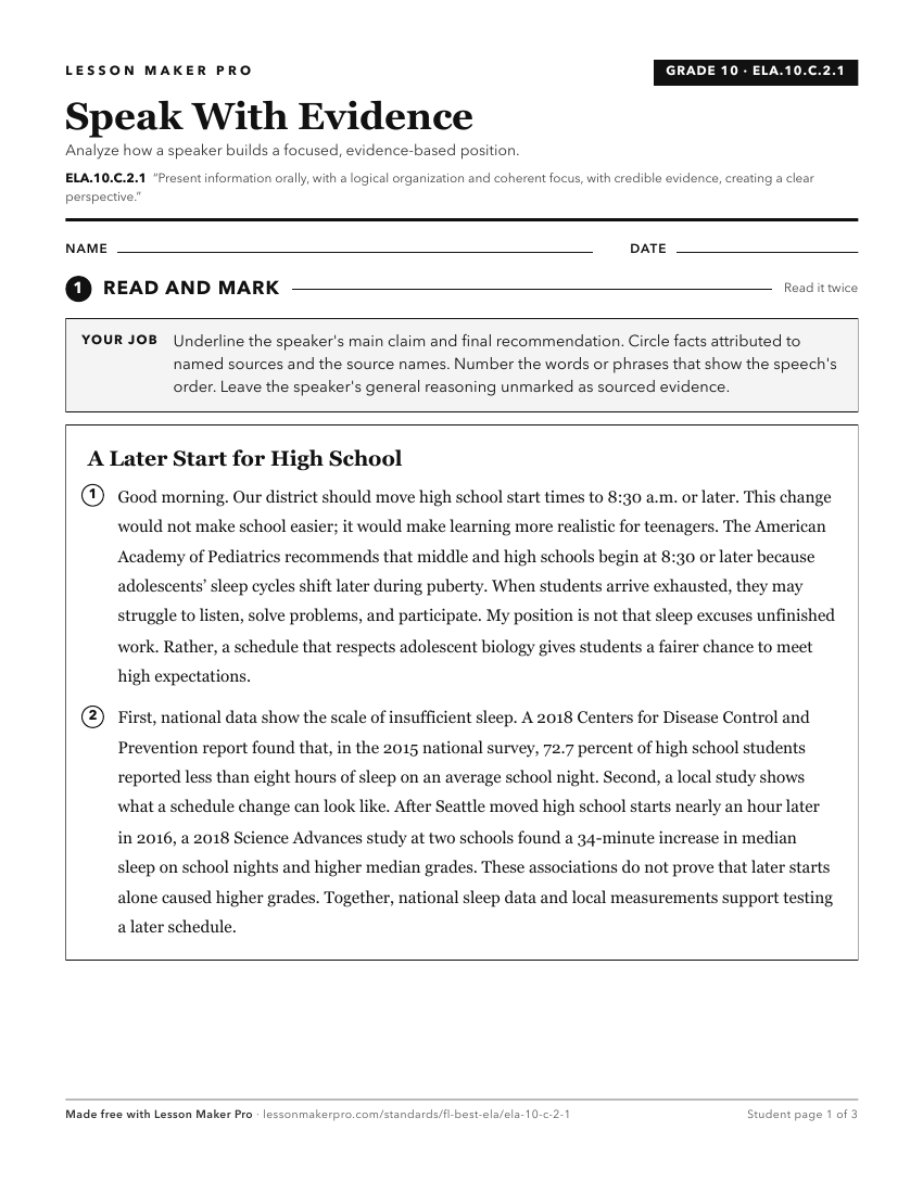 Preview of the ELA.10.C.2.1 printable worksheet