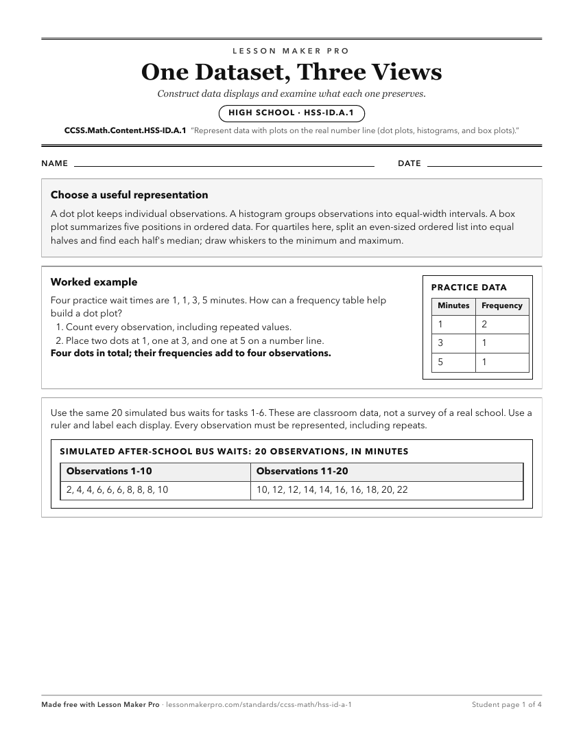 Preview of the CCSS.Math.Content.HSS-ID.A.1 printable worksheet