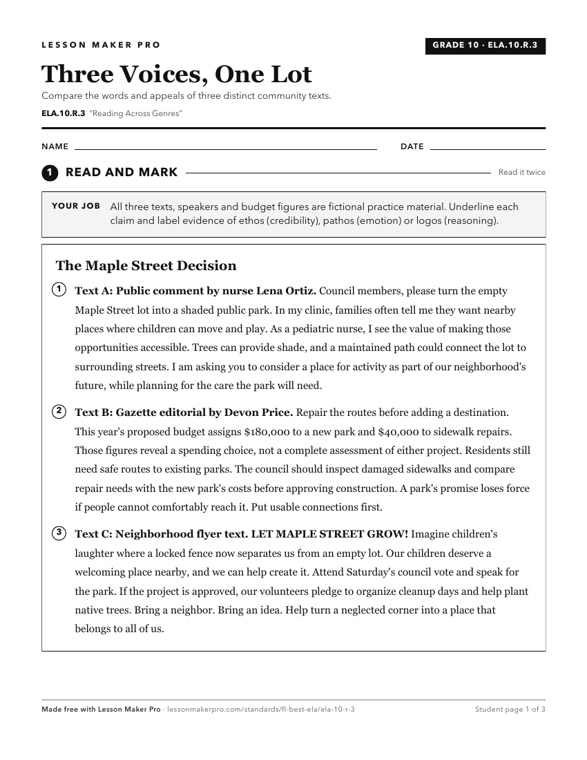Preview of the ELA.10.R.3 printable worksheet