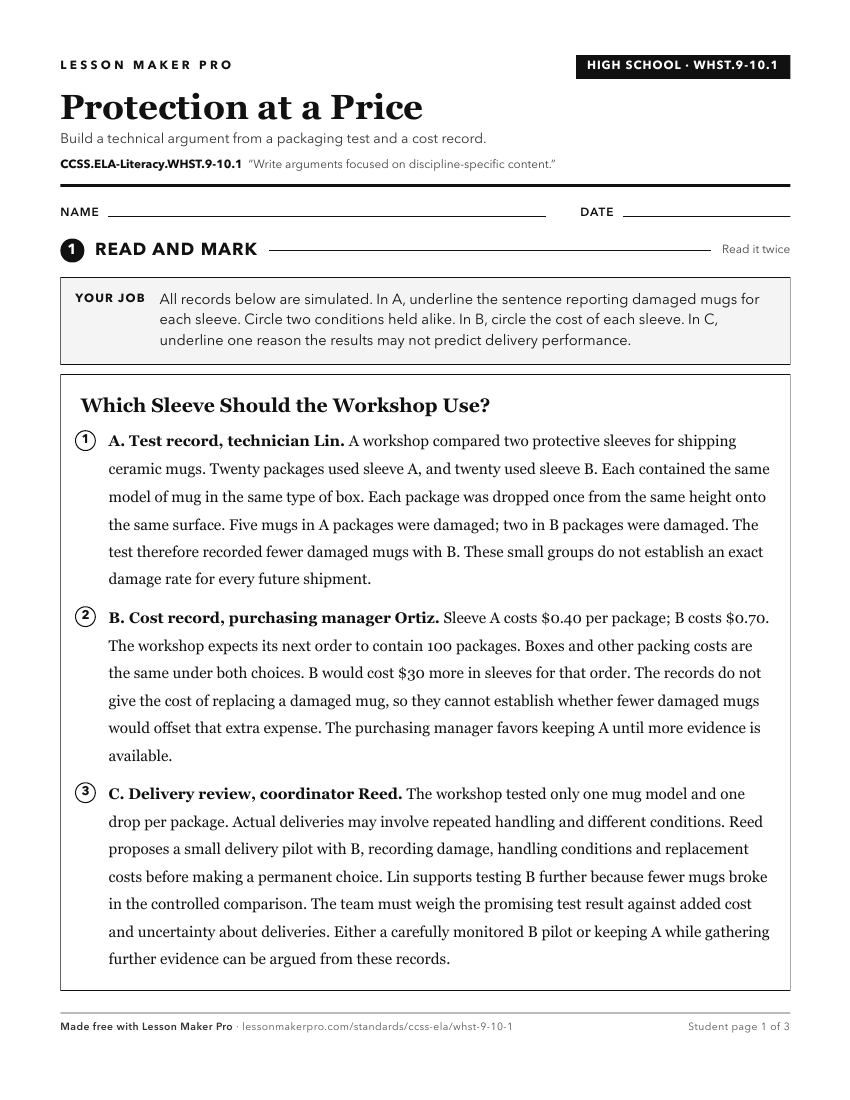 Preview of the CCSS.ELA-Literacy.WHST.9-10.1 printable worksheet