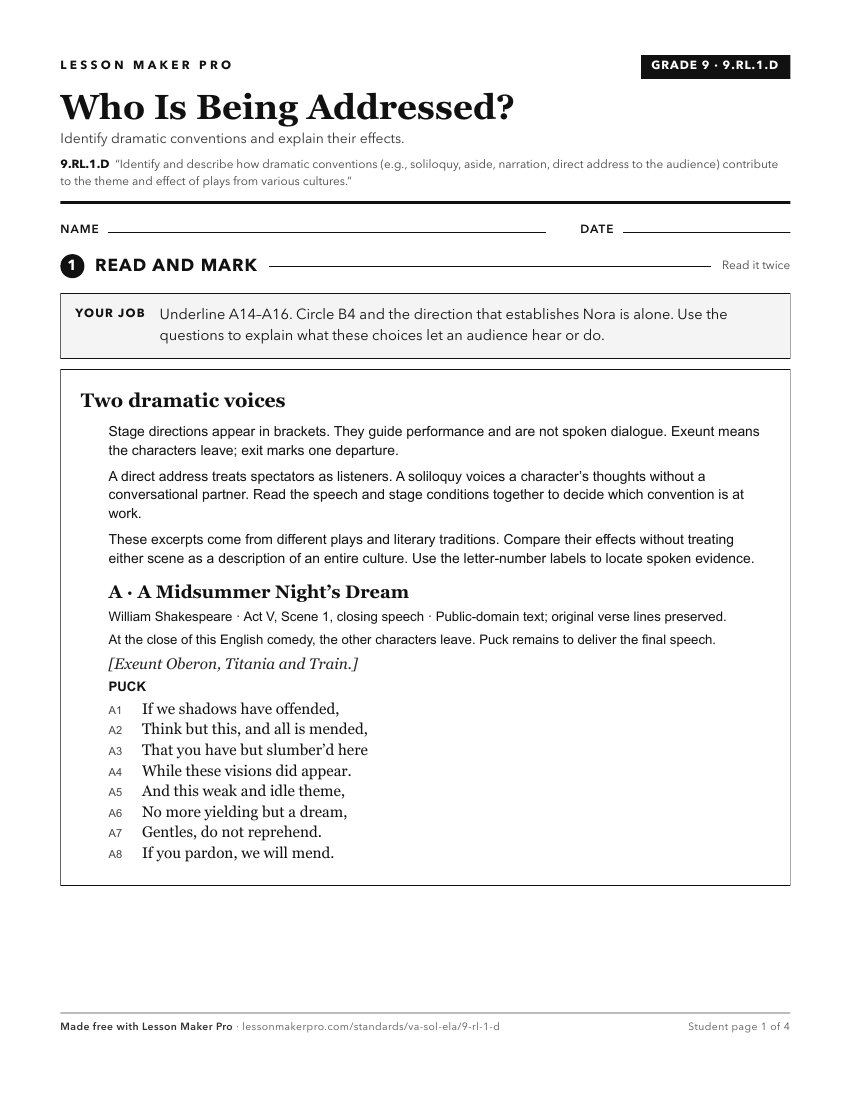 Preview of the 9.RL.1.D printable worksheet