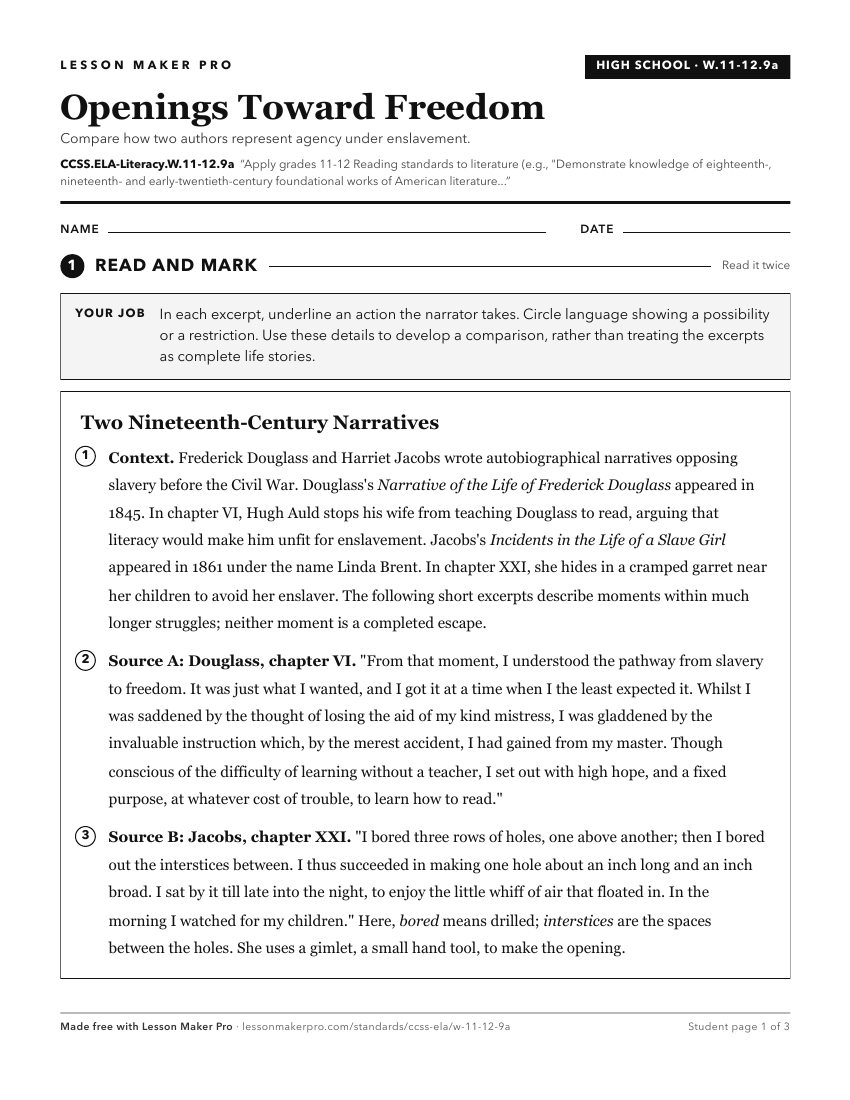 Preview of the CCSS.ELA-Literacy.W.11-12.9a printable worksheet