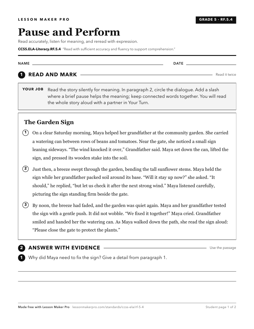 Preview of the CCSS.ELA-Literacy.RF.5.4 printable worksheet
