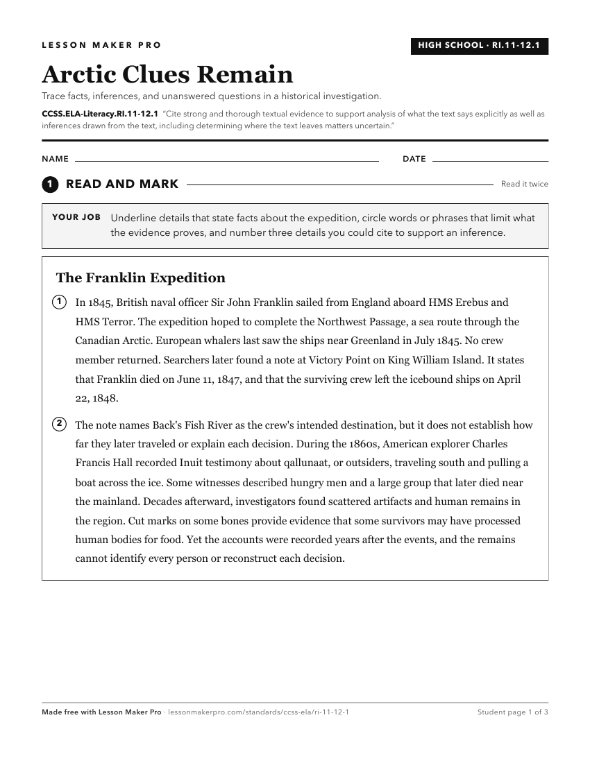 Preview of the CCSS.ELA-Literacy.RI.11-12.1 printable worksheet