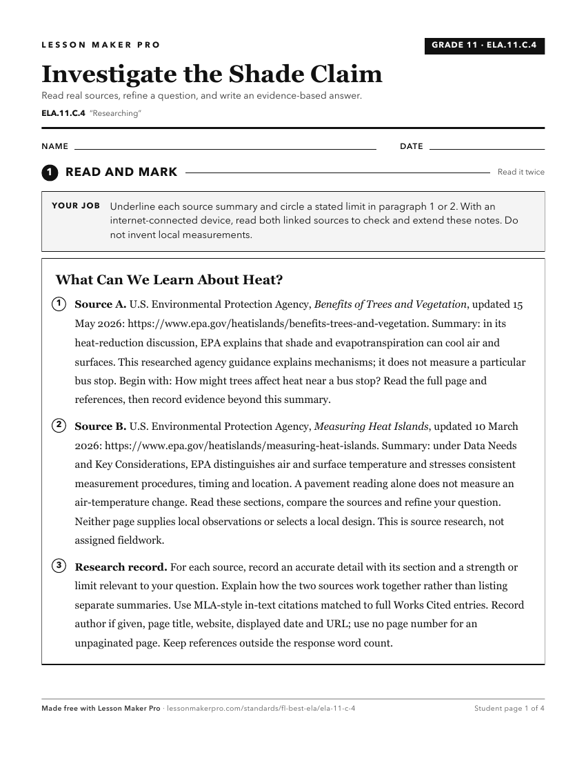 Preview of the ELA.11.C.4 printable worksheet
