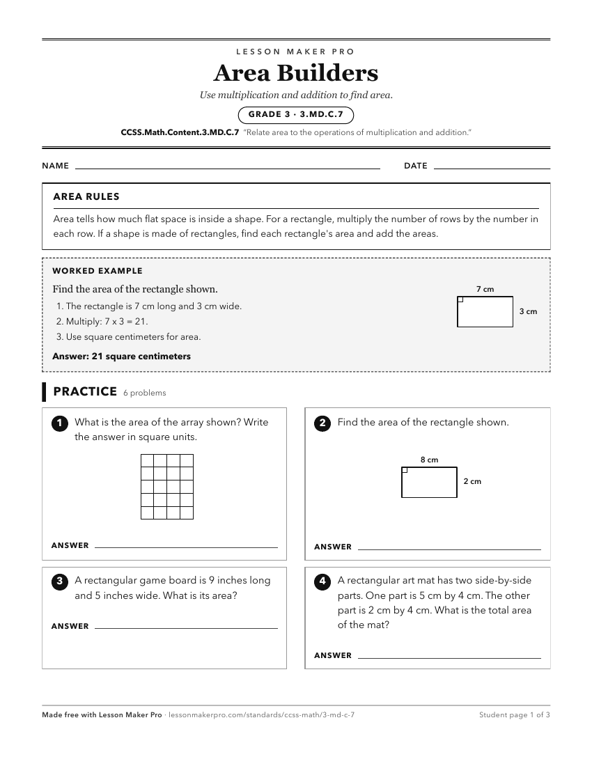 Preview of the CCSS.Math.Content.3.MD.C.7 printable worksheet