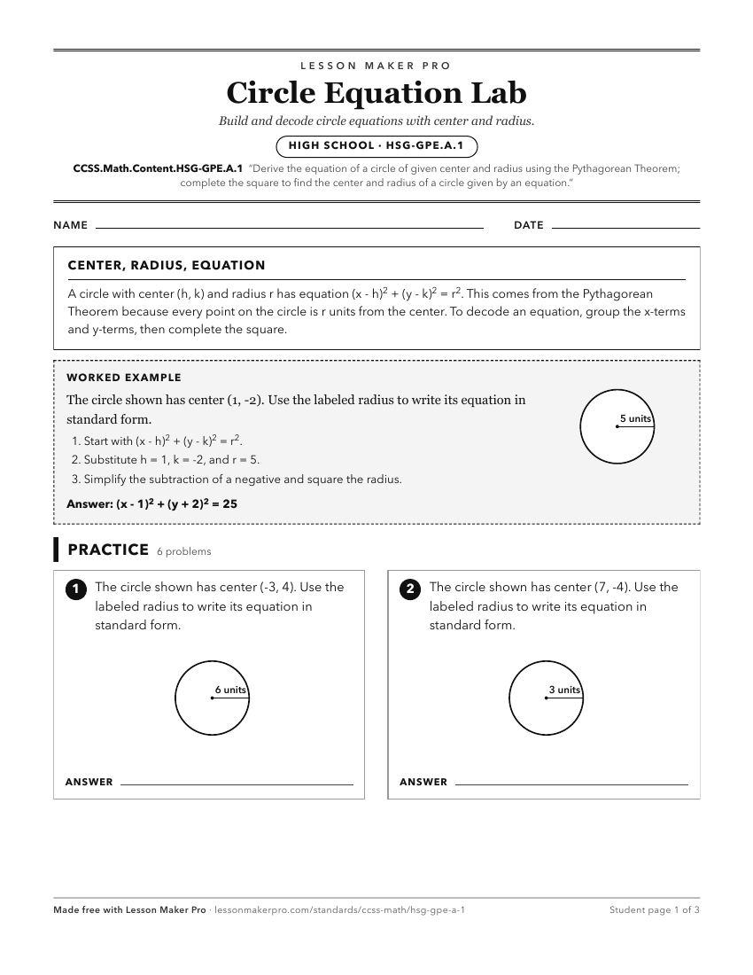 Preview of the CCSS.Math.Content.HSG-GPE.A.1 printable worksheet