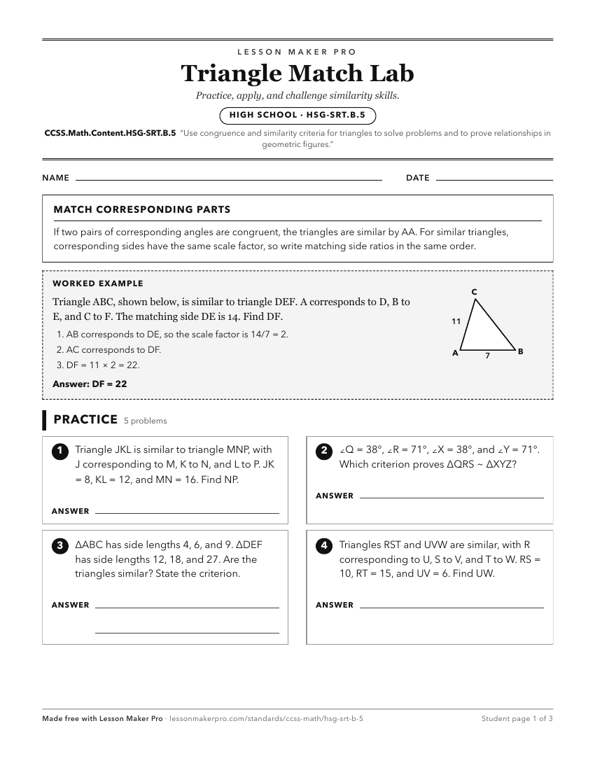 Preview of the CCSS.Math.Content.HSG-SRT.B.5 printable worksheet