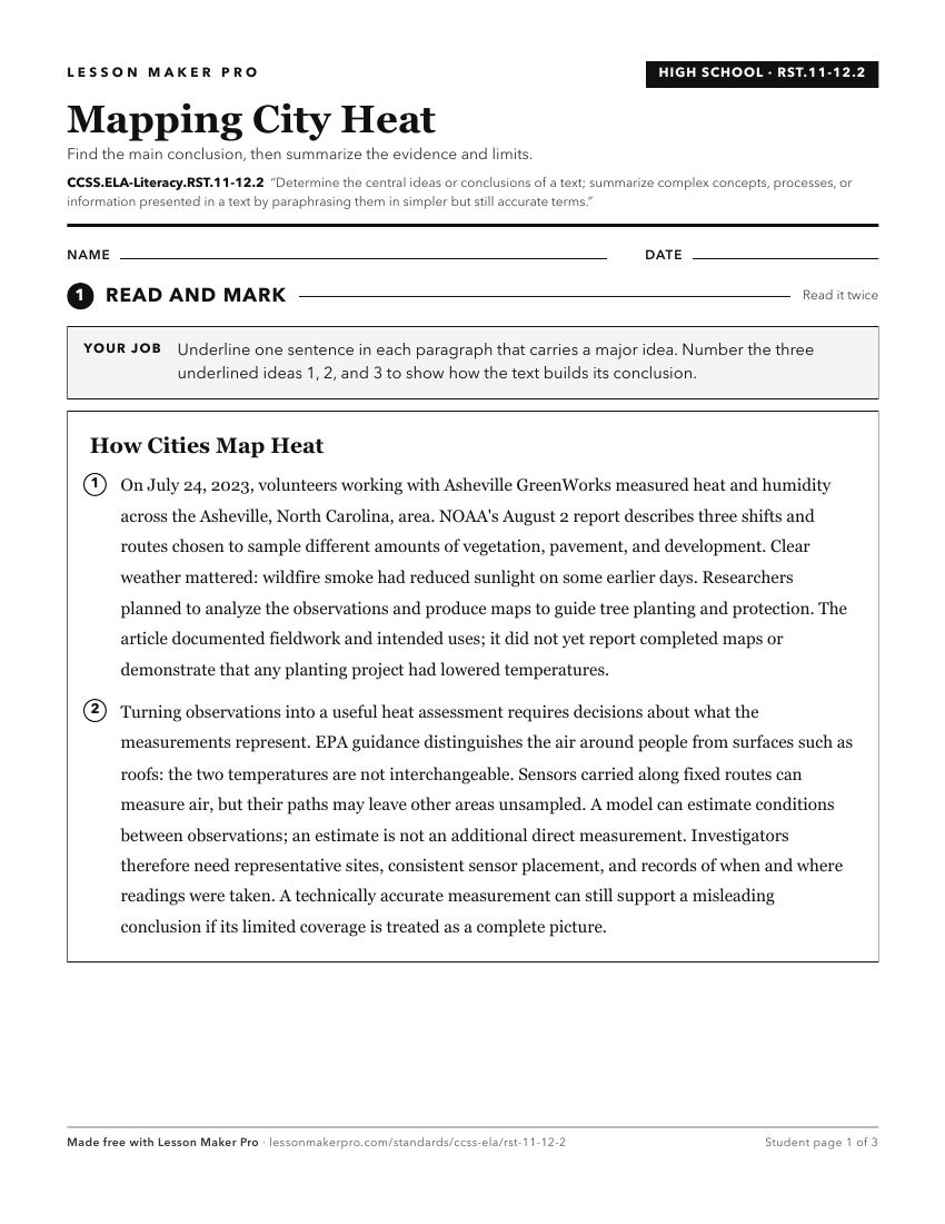 Preview of the CCSS.ELA-Literacy.RST.11-12.2 printable worksheet