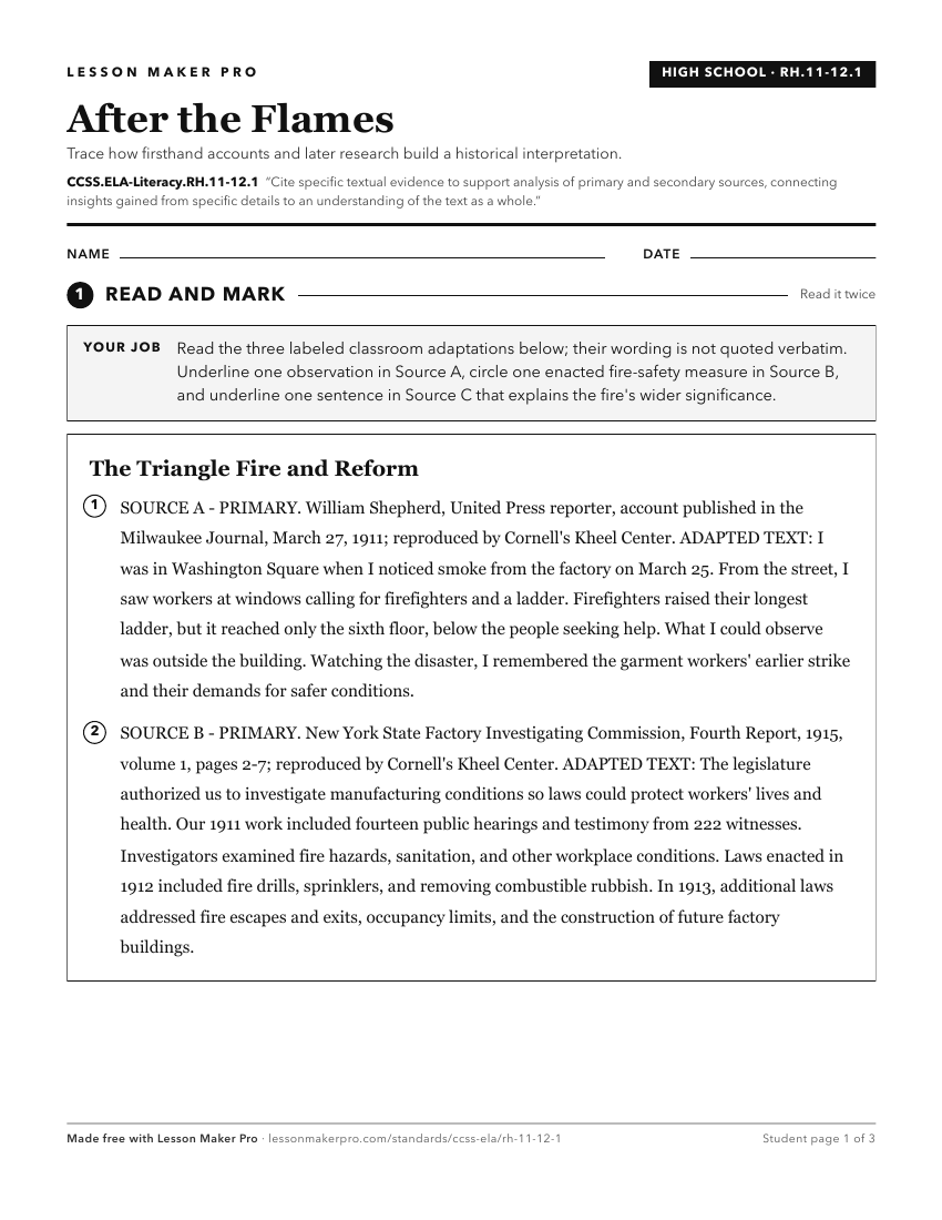 Preview of the CCSS.ELA-Literacy.RH.11-12.1 printable worksheet