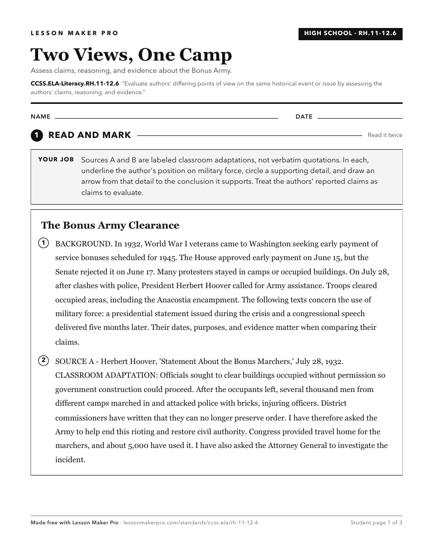Preview of the CCSS.ELA-Literacy.RH.11-12.6 printable worksheet