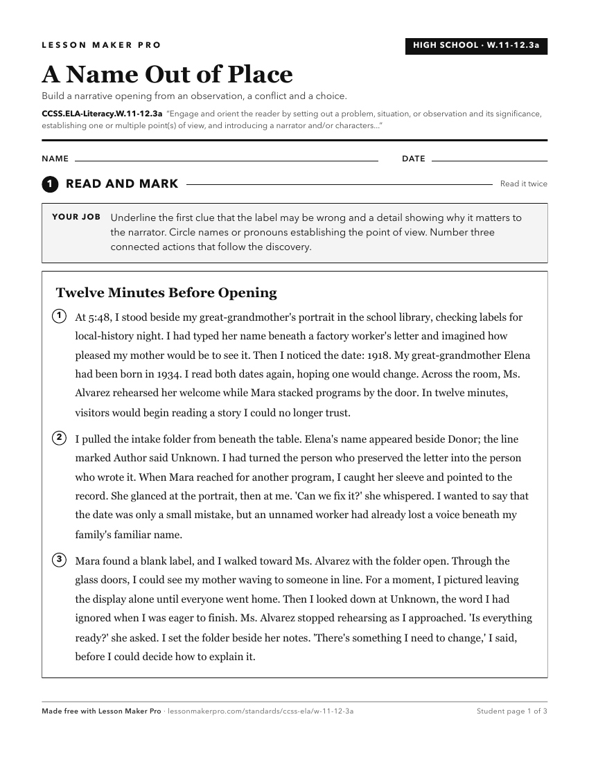 Preview of the CCSS.ELA-Literacy.W.11-12.3a printable worksheet