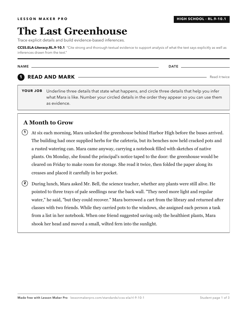 Preview of the CCSS.ELA-Literacy.RL.9-10.1 printable worksheet