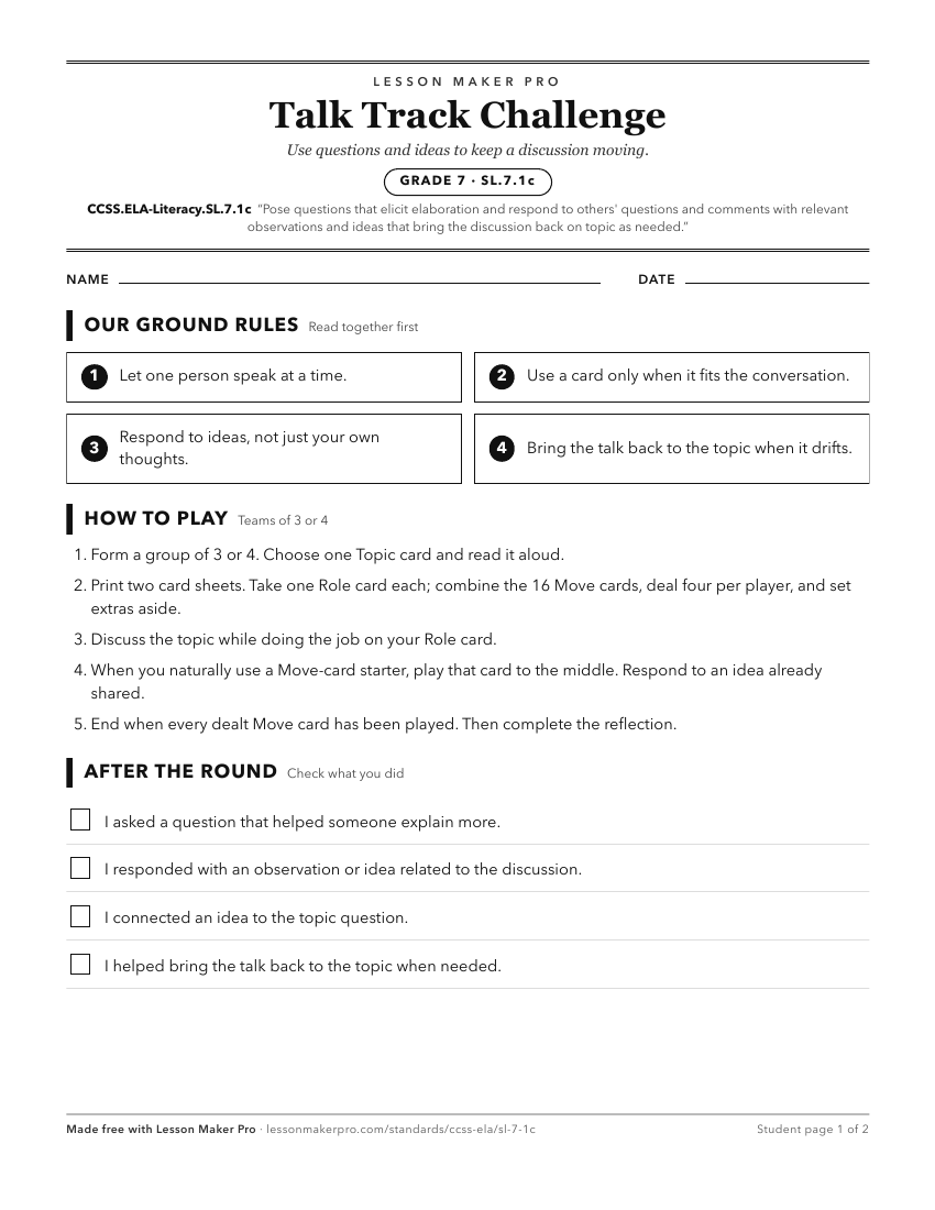 Preview of the CCSS.ELA-Literacy.SL.7.1c printable worksheet