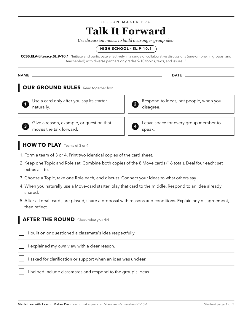 Preview of the CCSS.ELA-Literacy.SL.9-10.1 printable worksheet