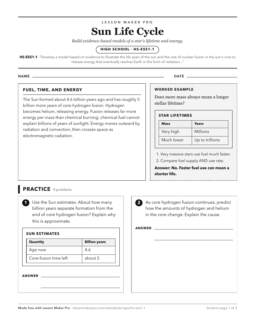 Preview of the HS-ESS1-1 printable worksheet