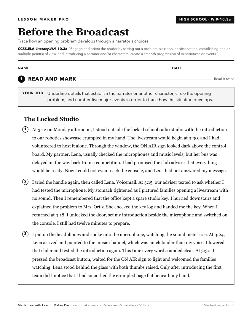 Preview of the CCSS.ELA-Literacy.W.9-10.3a printable worksheet