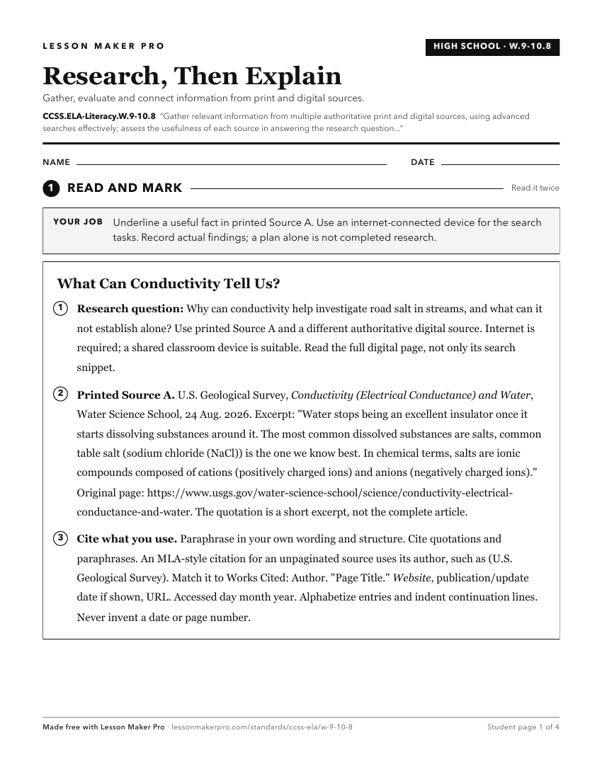 Preview of the CCSS.ELA-Literacy.W.9-10.8 printable worksheet