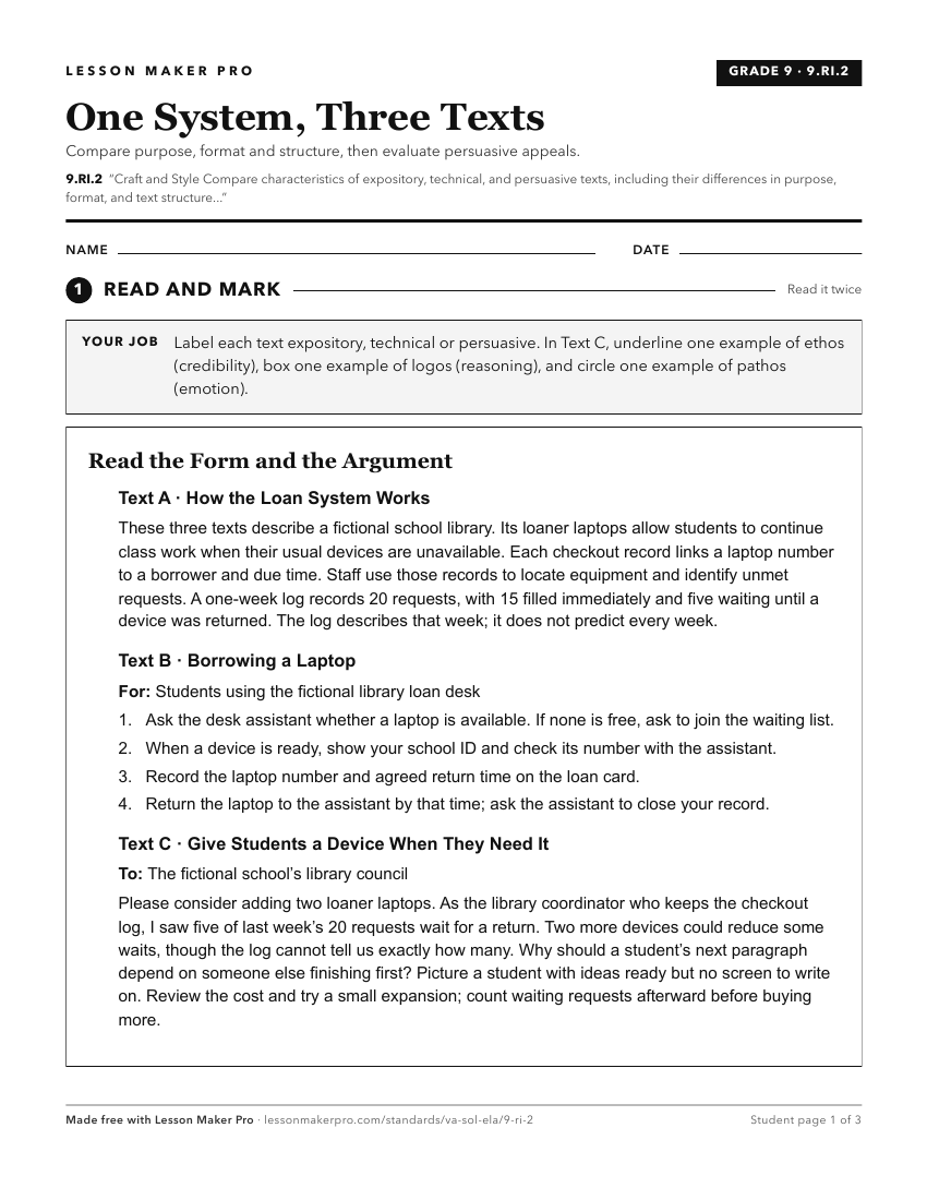 Preview of the 9.RI.2 printable worksheet