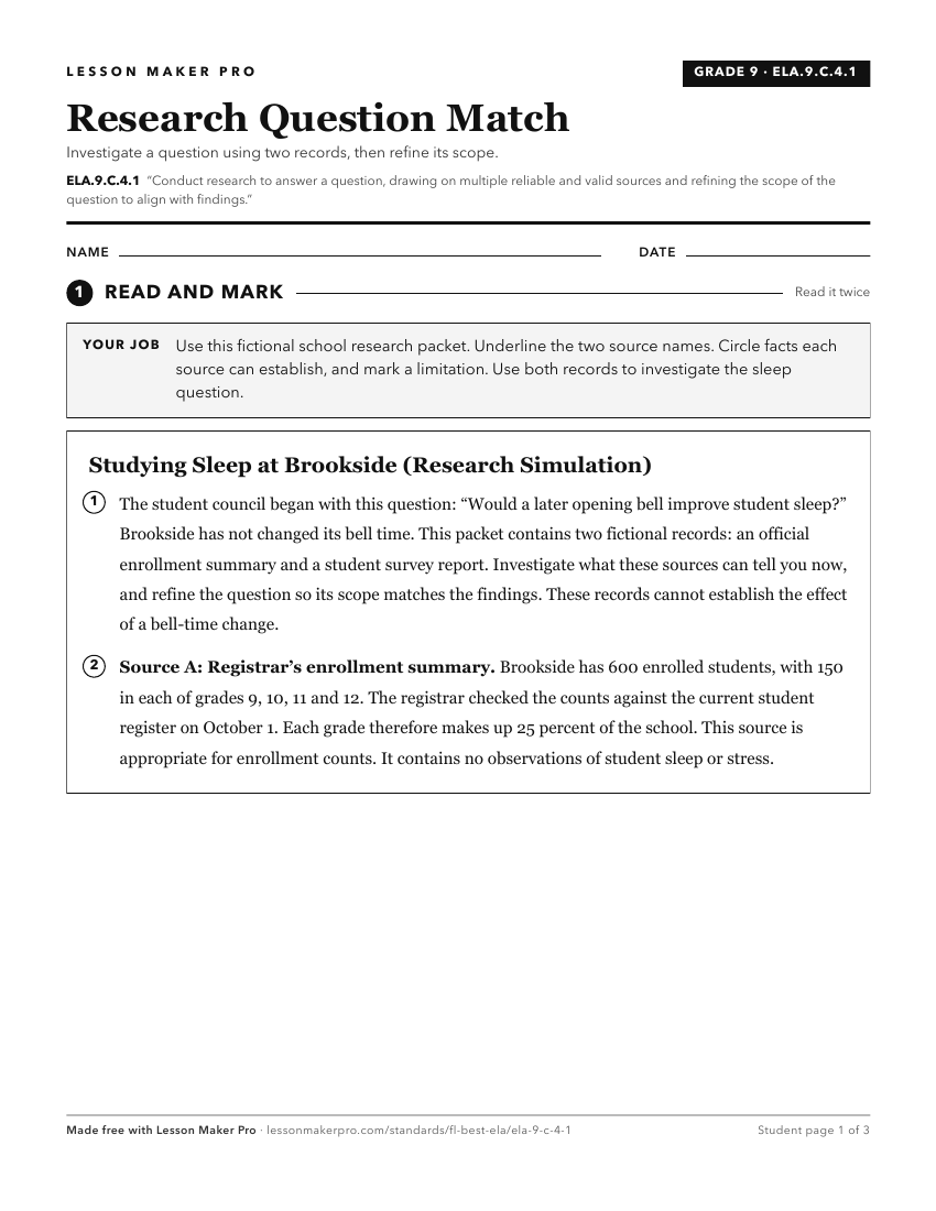 Preview of the ELA.9.C.4.1 printable worksheet