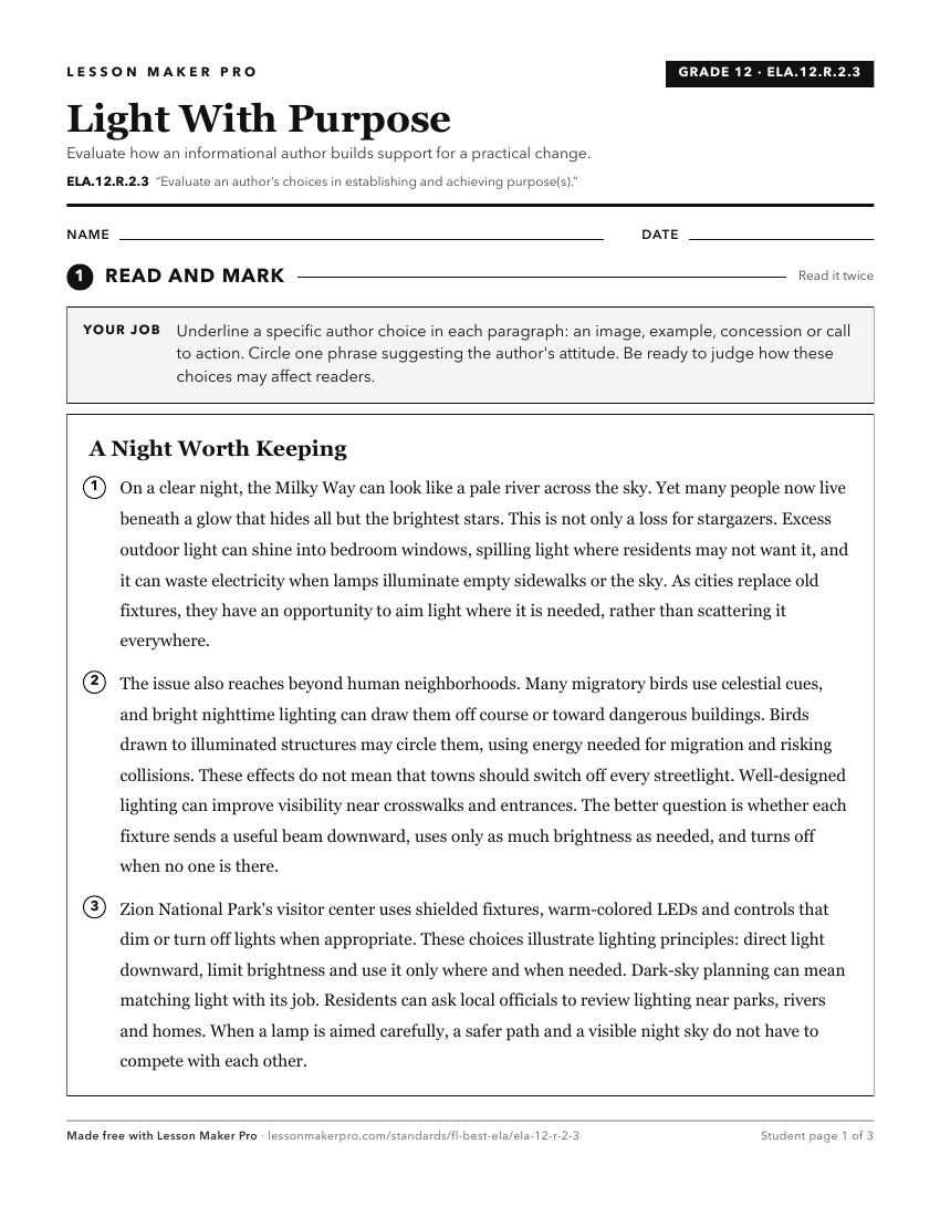 Preview of the ELA.12.R.2.3 printable worksheet
