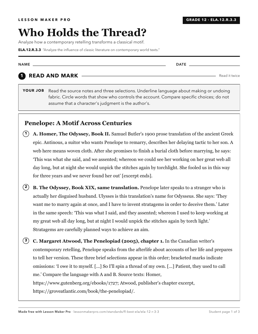 Preview of the ELA.12.R.3.3 printable worksheet