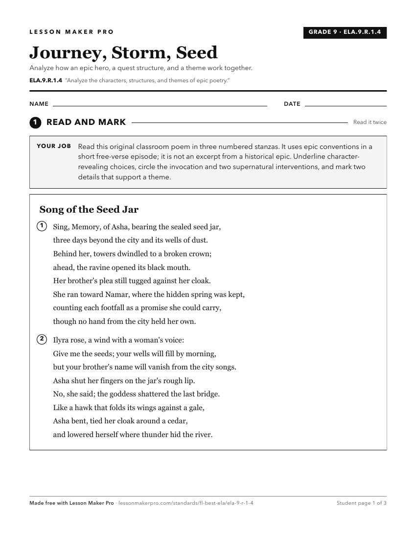Preview of the ELA.9.R.1.4 printable worksheet