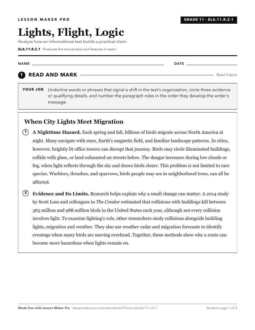 Preview of the ELA.11.R.2.1 printable worksheet