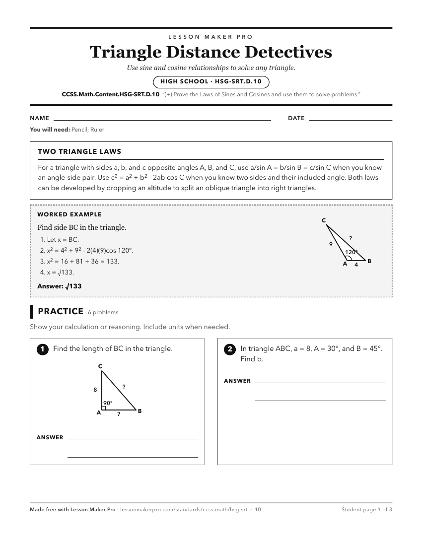 Preview of the CCSS.Math.Content.HSG-SRT.D.10 printable worksheet