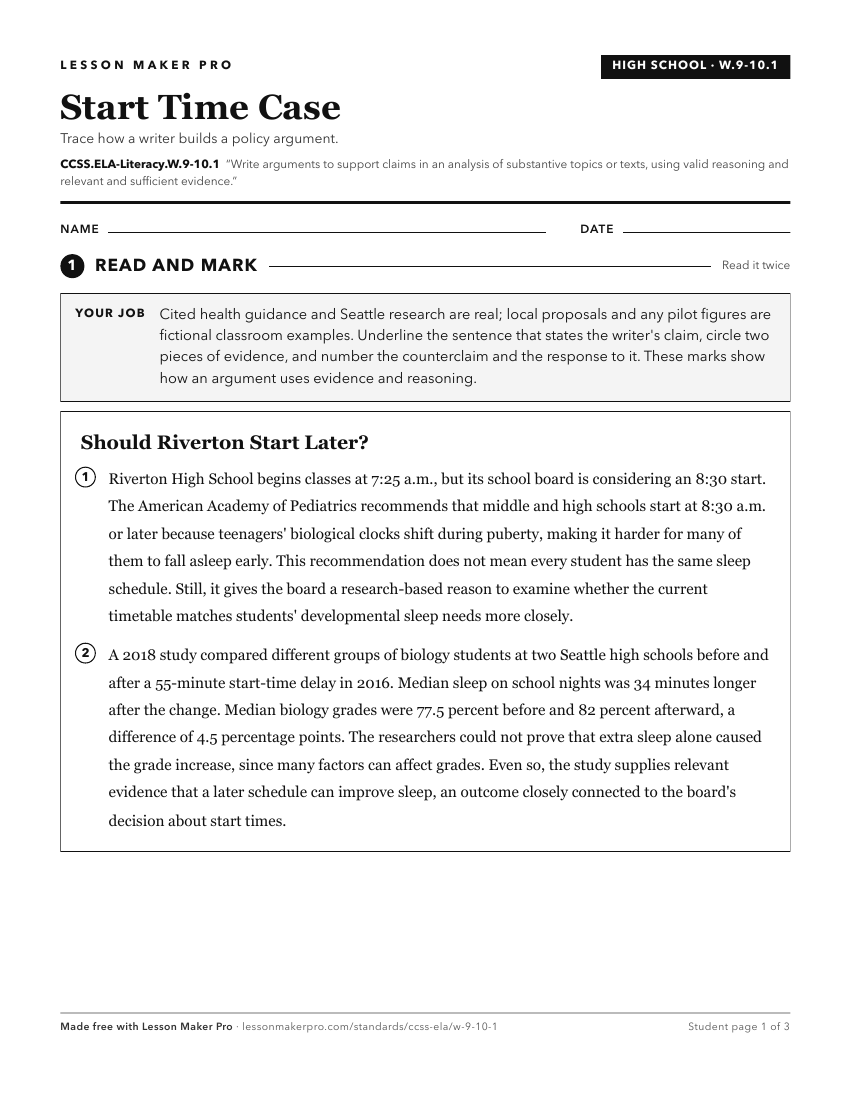 Preview of the CCSS.ELA-Literacy.W.9-10.1 printable worksheet