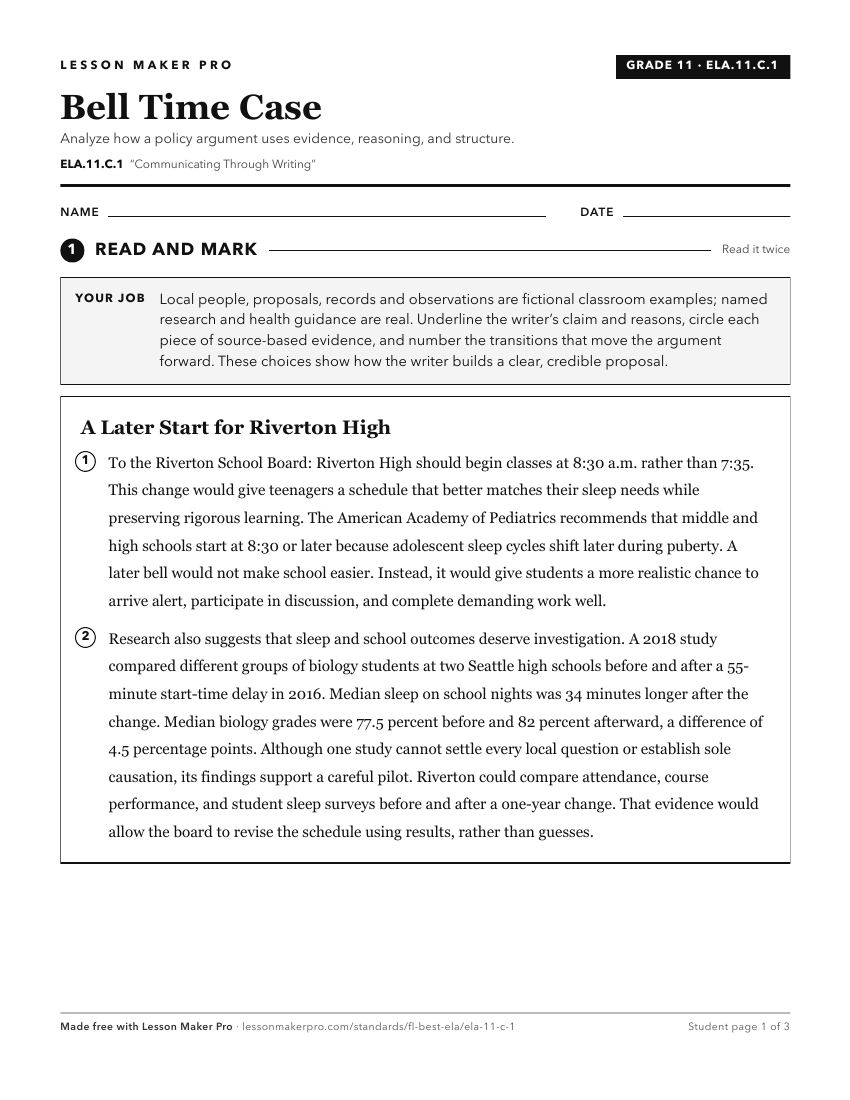 Preview of the ELA.11.C.1 printable worksheet