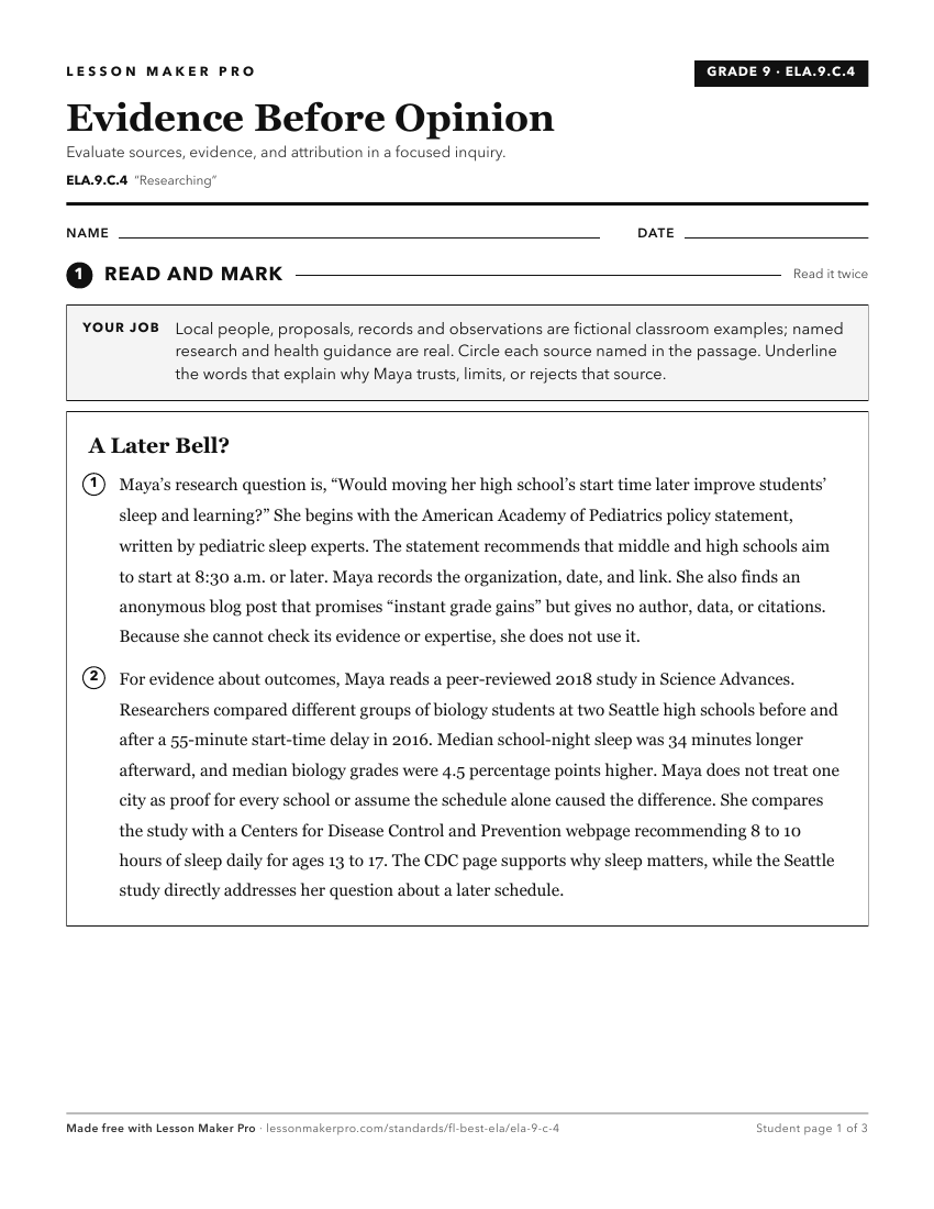 Preview of the ELA.9.C.4 printable worksheet