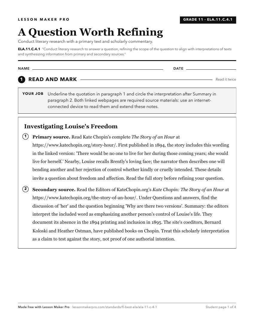 Preview of the ELA.11.C.4.1 printable worksheet
