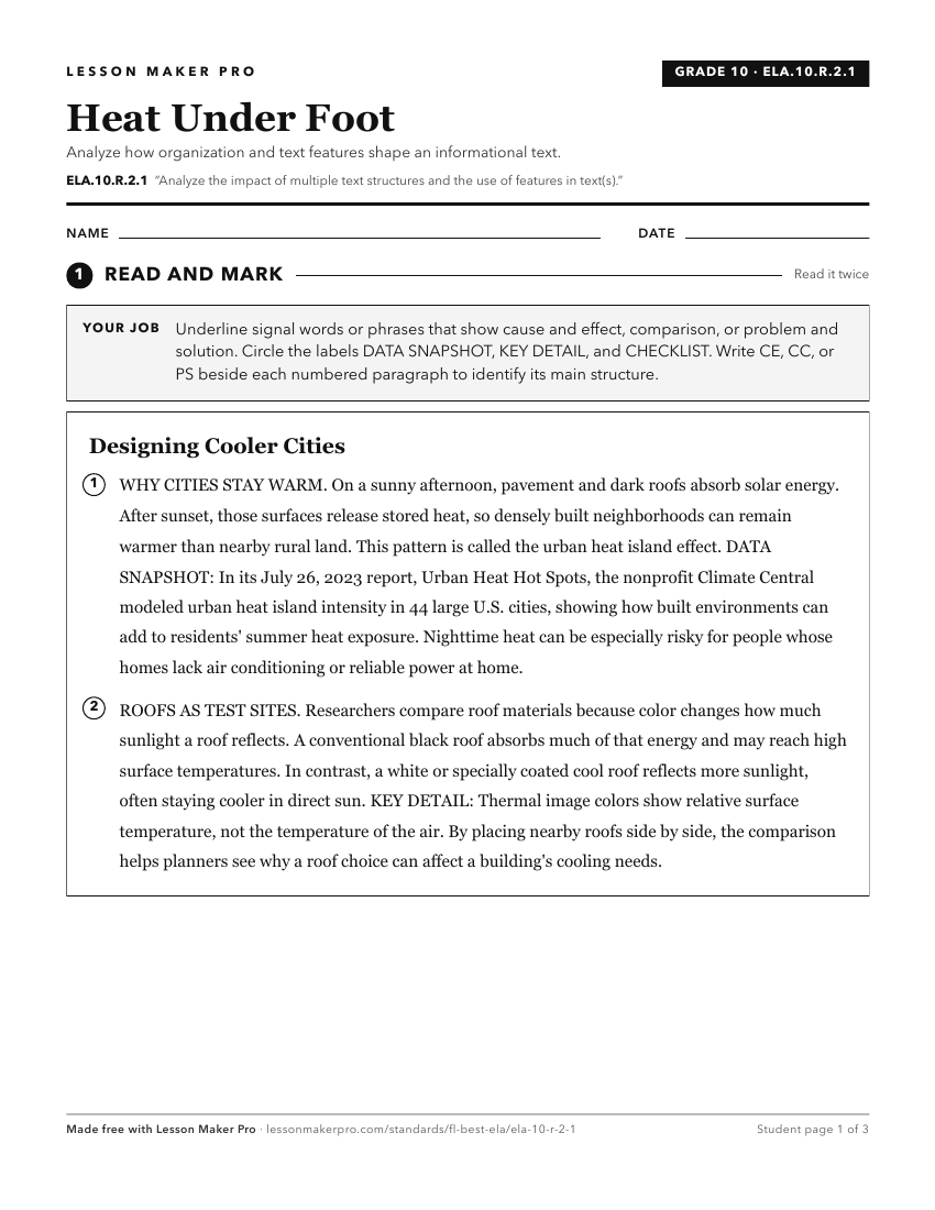 Preview of the ELA.10.R.2.1 printable worksheet