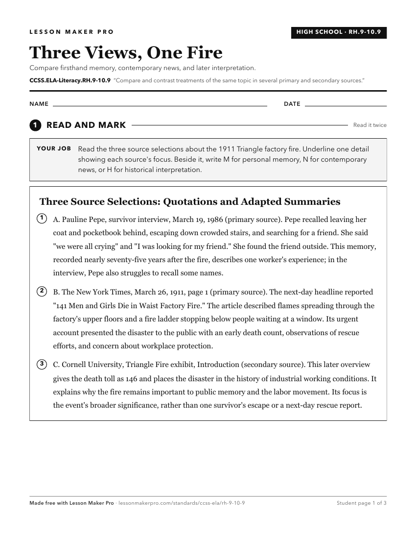 Preview of the CCSS.ELA-Literacy.RH.9-10.9 printable worksheet