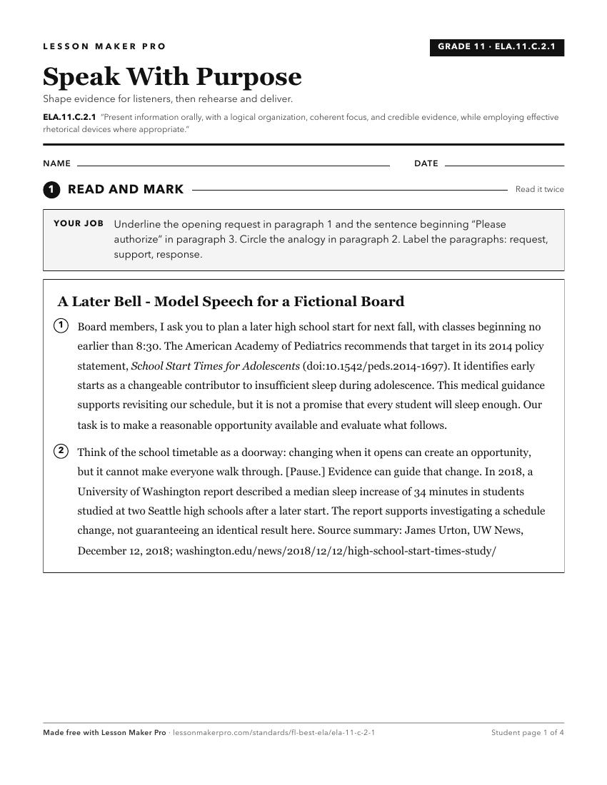 Preview of the ELA.11.C.2.1 printable worksheet
