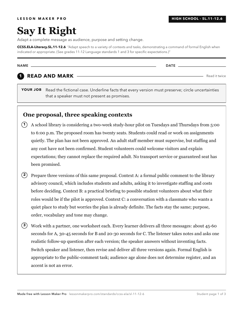 Preview of the CCSS.ELA-Literacy.SL.11-12.6 printable worksheet
